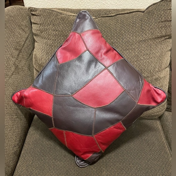 1 Brown Burgundy Leather Print Patch Work Decorative Throw Pillows  15x15” - Picture 6 of 7